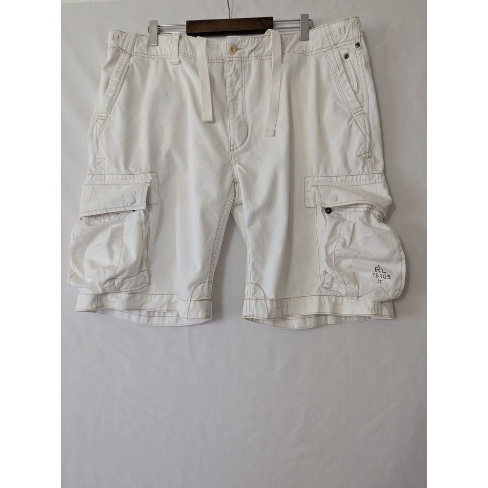 Vintage Polo Ralph Lauren Mens Cargo Shorts White Cotton Size 42 Drawstring - Picture 2 of 14